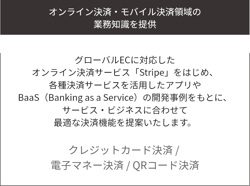 オンライン決済・モバイル決済領域の業務知識を提供。グローバルECに対応したオンライン決済サービス「Stripe」をはじめ、各種決済サービスを活用したアプリやBaaS（Banking as a Service）の開発事例をもとに、サービス・ビジネスに合わせて最適な決済機能を提案いたします。クレジットカード決済 / 電子マネー決済 / QRコード決済