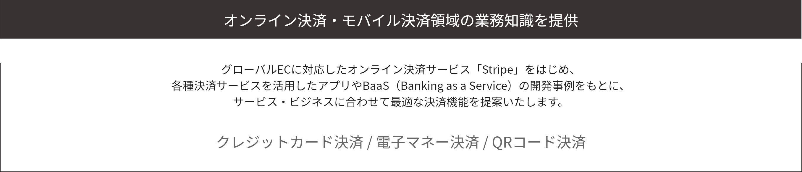 オンライン決済・モバイル決済領域の業務知識を提供。グローバルECに対応したオンライン決済サービス「Stripe」をはじめ、各種決済サービスを活用したアプリやBaaS（Banking as a Service）の開発事例をもとに、サービス・ビジネスに合わせて最適な決済機能を提案いたします。クレジットカード決済 / 電子マネー決済 / QRコード決済